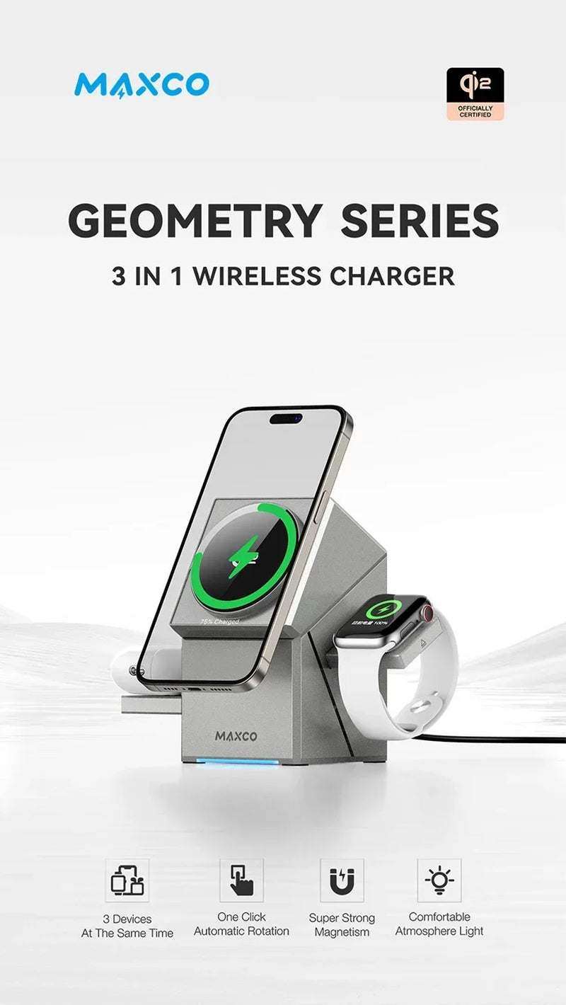 Qi2 3 in 1 Wireless Charger with Auto-Rotating Magic Cube Dock for Iphone 16/15/14 Pro Max, Airpods and Iwatch Fast Charging