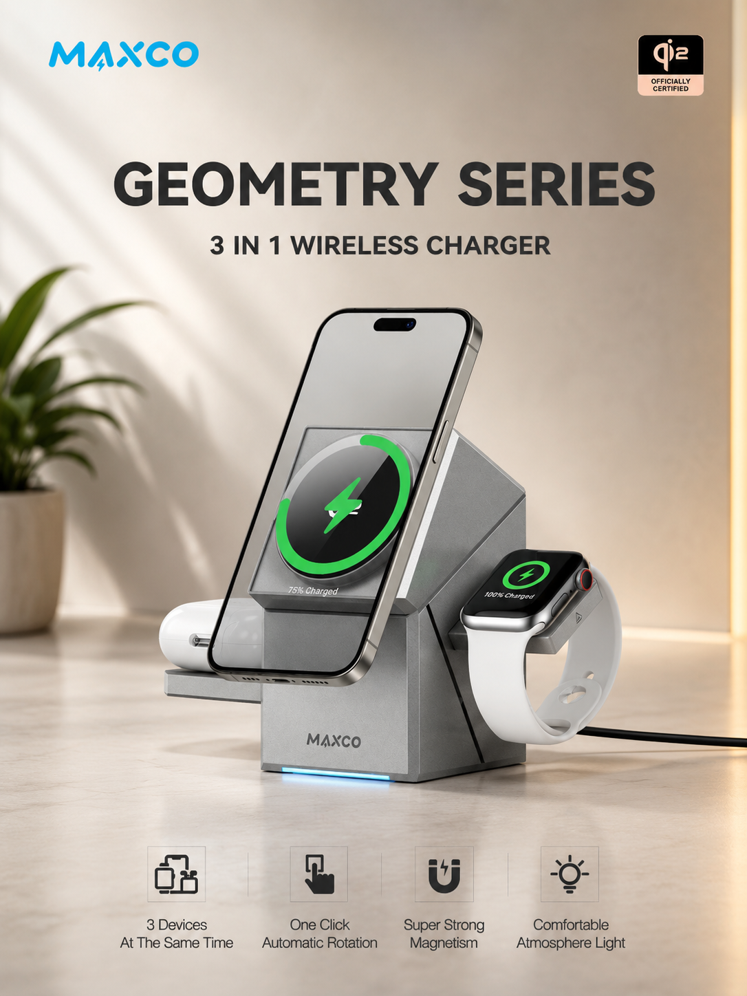 Qi2 3-in-1 Wireless Charging Station | Fast Magnetic Charger for iPhone, Apple Watch & AirPods