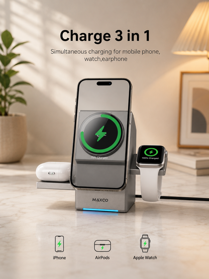 Qi2 3-in-1 Wireless Charging Station | Fast Magnetic Charger for iPhone, Apple Watch & AirPods